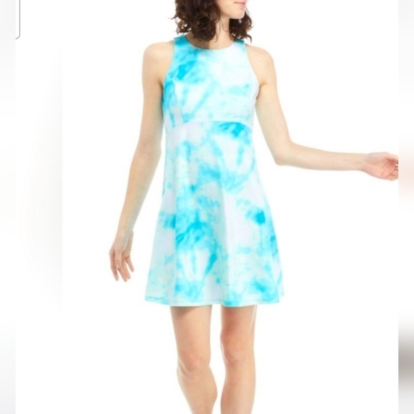 OCEAN + COAST Tie Dye Cooling Fabric Shift Dress In Aqua/white Size S NWT - Picture 1 of 9